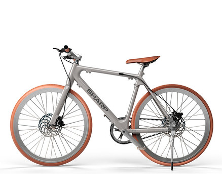 Graues SHARP Hybrid E-Bike mit braunem Sattel auf weißem Hintergrund.