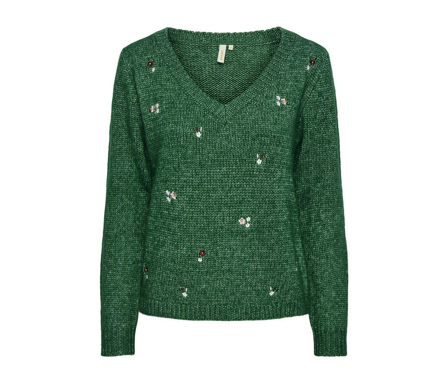 Grüner Grobstrick-Pullover mit V-Ausschnitt und floralen Details.