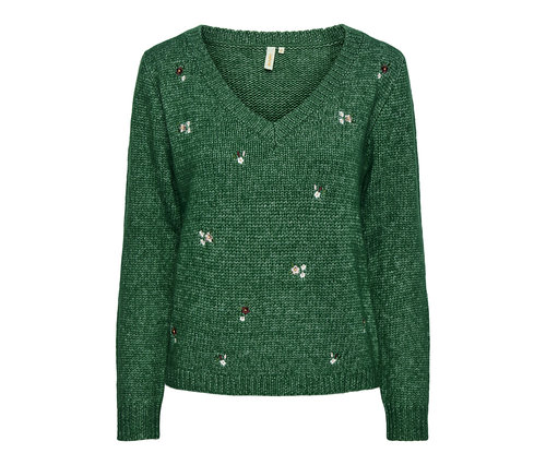 Grüner Grobstrick-Pullover mit V-Ausschnitt und Blumendetails.