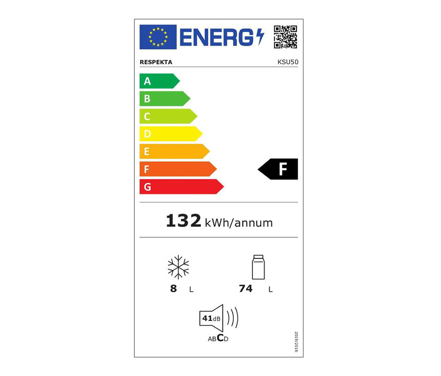 Respekta KSU50 Energieetikett mit den Klassen A-G, 132 kWh/Jahr, 8L Gefrierfach, 74L Kühlfach und 41dB.