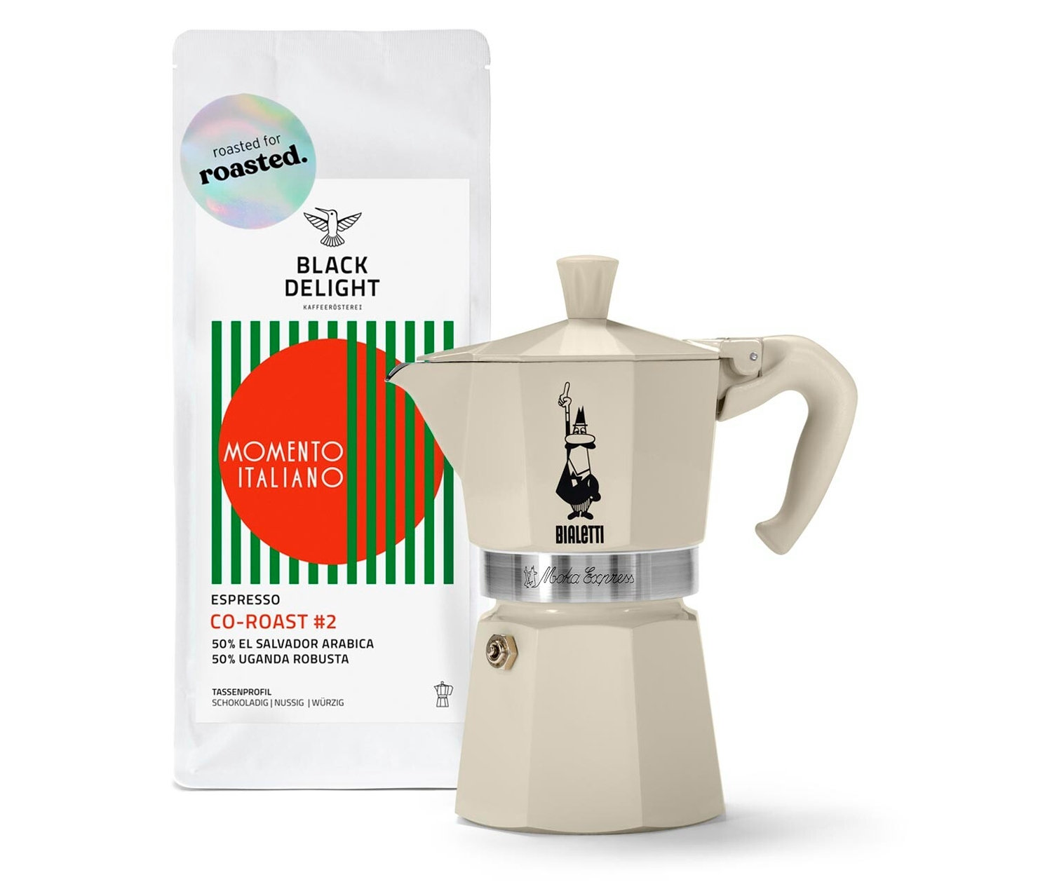 Eine Packung gemahlener Kaffee und ein cremefarbener Bialetti Moka Express Kocher.