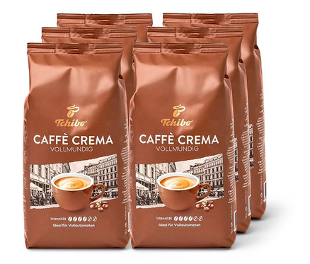 Sechs braune Packungen Caffè Crema Vollmundig - 6x 1 kg Ganze Bohne.