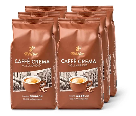 Sechs braune Packungen Caffè Crema Vollmundig - 6x 1 kg Ganze Bohne.