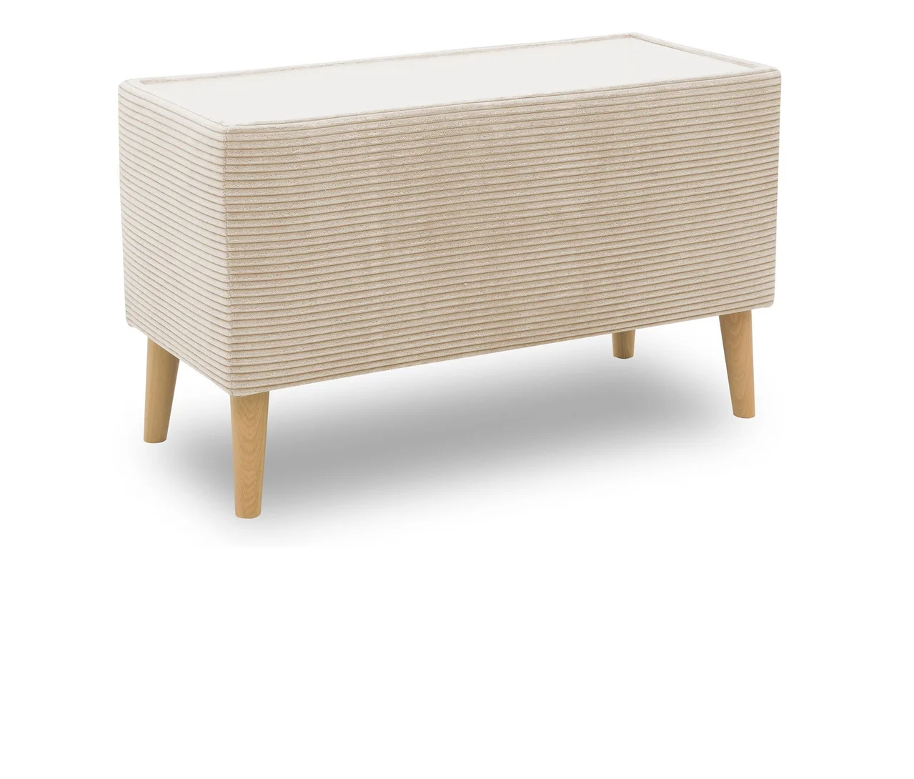 Cremefarbener DOMO Hocker mit Staufach auf weißem Hintergrund.