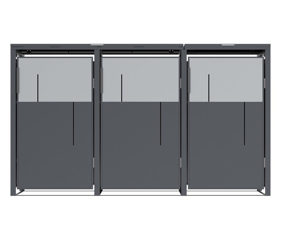 Drei graue Paravents mit transluzentem Stoff im oberen Teil.