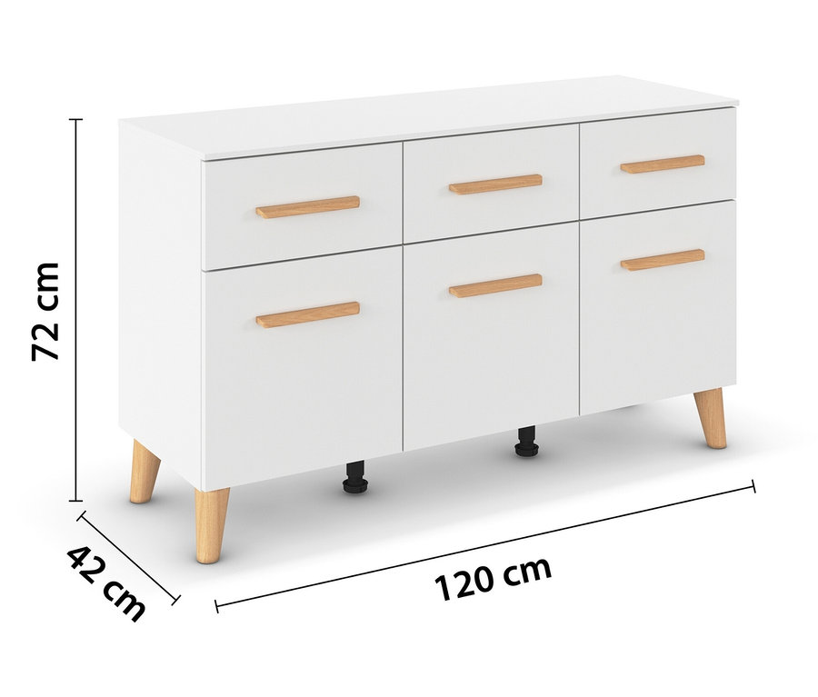Weiße Kommode mit sechs Schubladen und Holzgriffen.