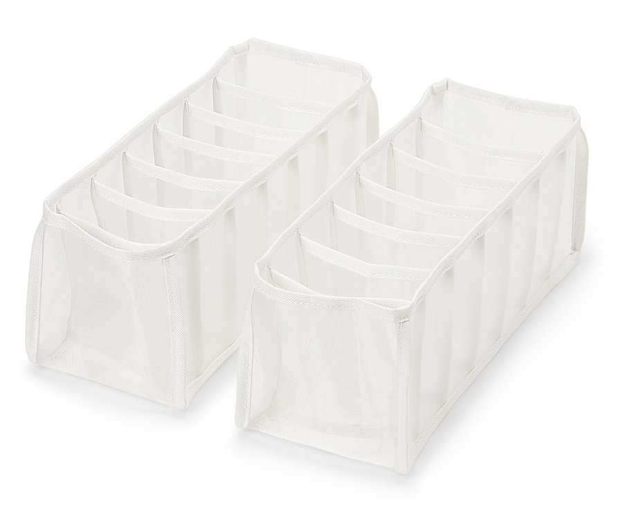 Zwei weiße Schubladen-Organizer mit sechs Fächern auf weißem Hintergrund.