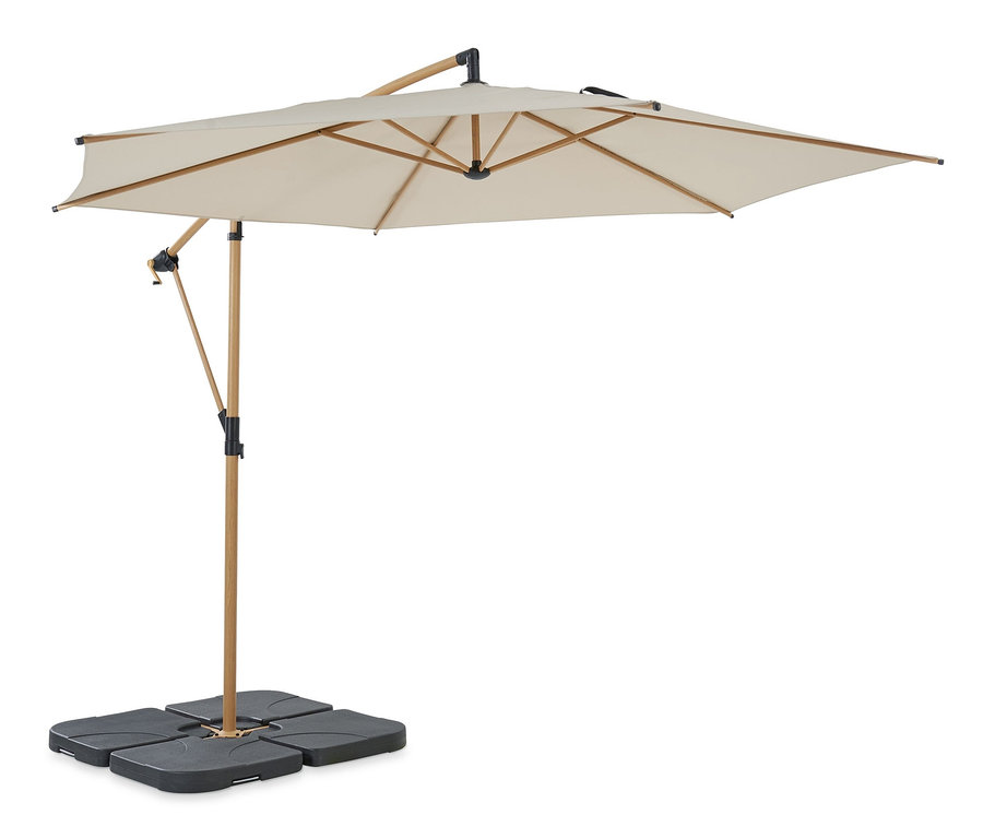 Beiger Leco Ampelschirm* Ø 300 cm, inklusive Schirmständer und Abdeckhaube.