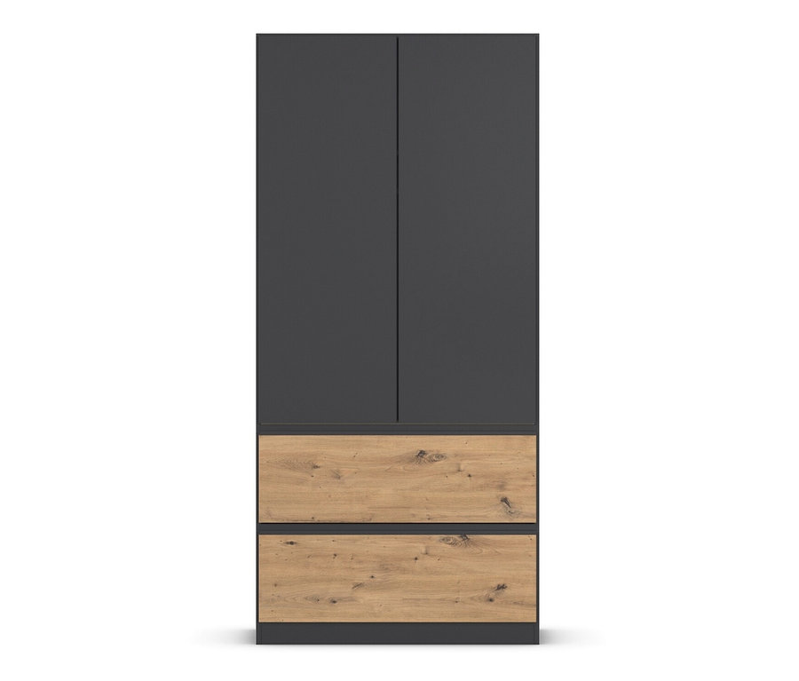 Grauer rauch Kleiderschrank »Joel« mit 2 Türen und 2 Schubladen, Eiche Artisan Dekor.