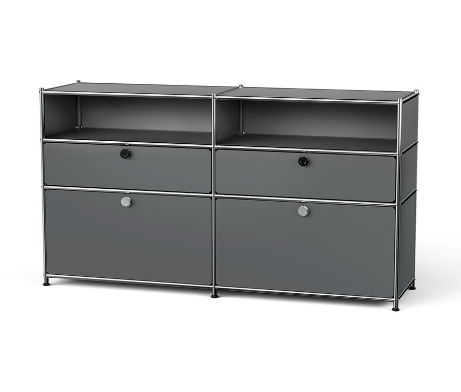 Graues modulares Aufbewahrungssystem mit Chromrahmen, zwei offene Regale oben und vier Schubladen.