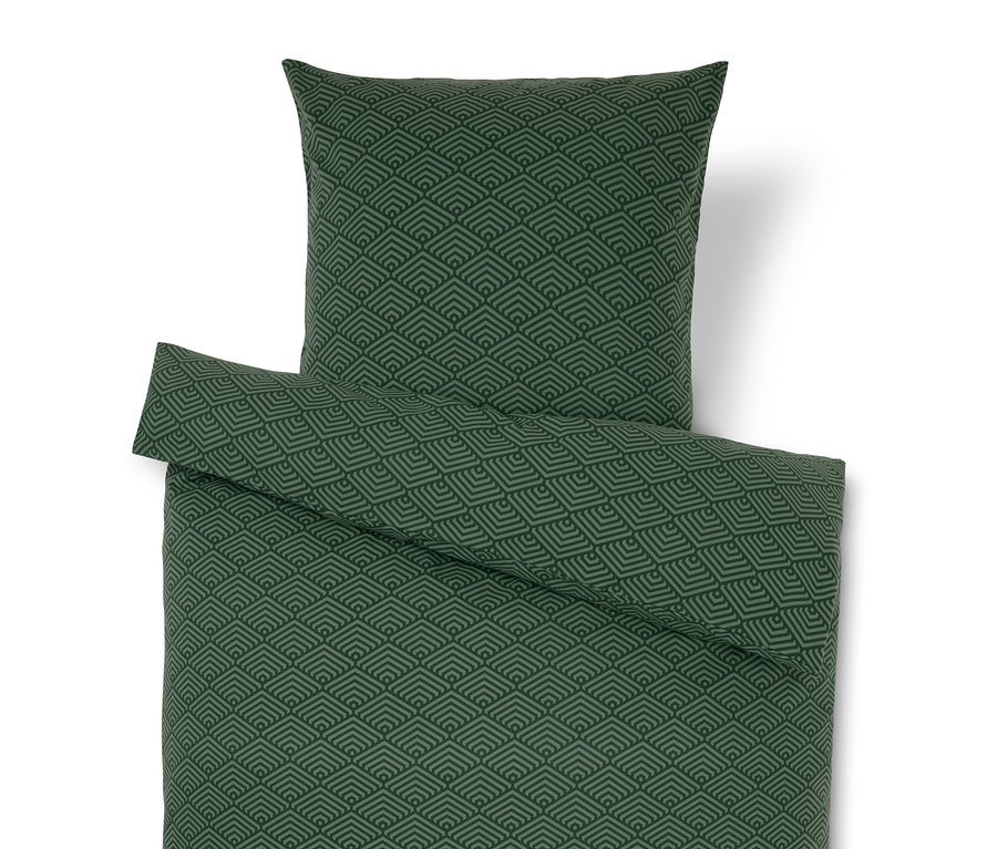 Grüne Bettwäsche mit geometrischem Muster.