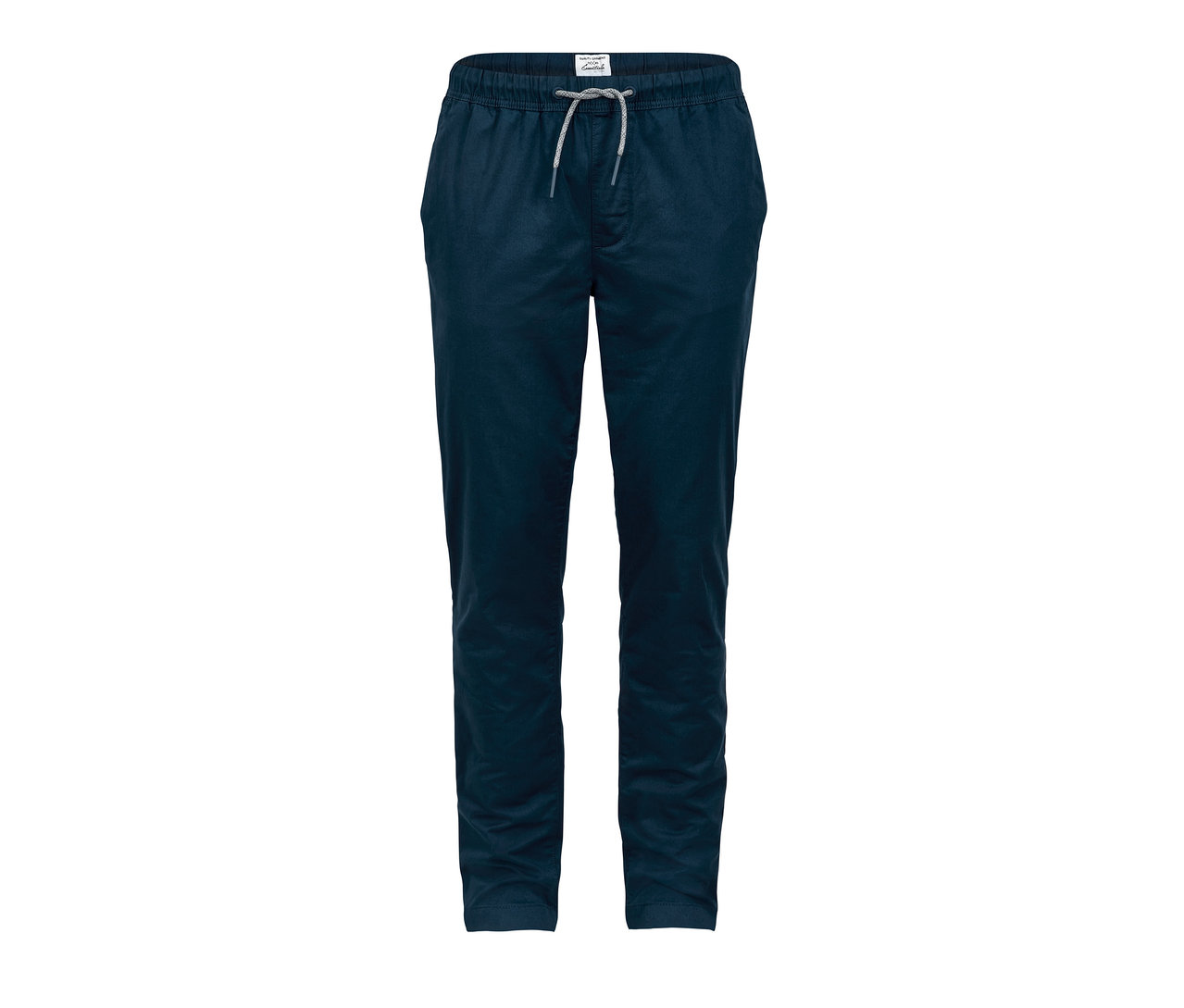 Eine dunkelblaue Comfort-Chino mit elastischem Bund und Kordelzug.
