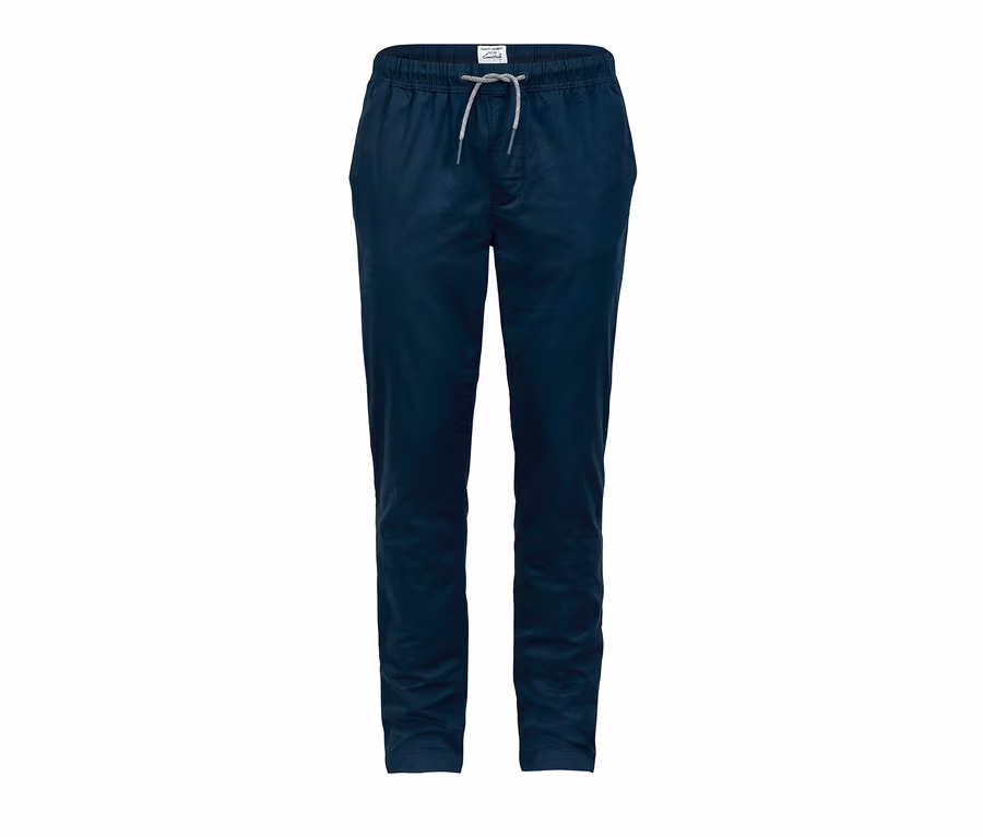 Eine dunkelblaue Comfort-Chino mit elastischem Bund und Kordelzug.