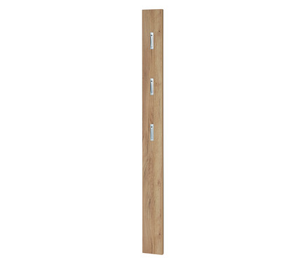Holzfarbenes Garderobenpaneel »Telde« mit drei silbernen Haken.