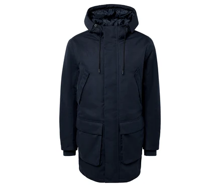 Dunkelblauer Parka mit Kapuze und Taschen.