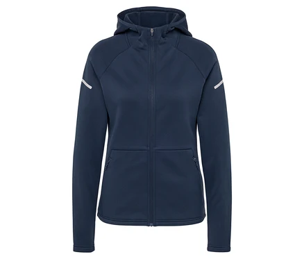 Dunkelblaue Thermojacke mit Reißverschluss und Kapuze.