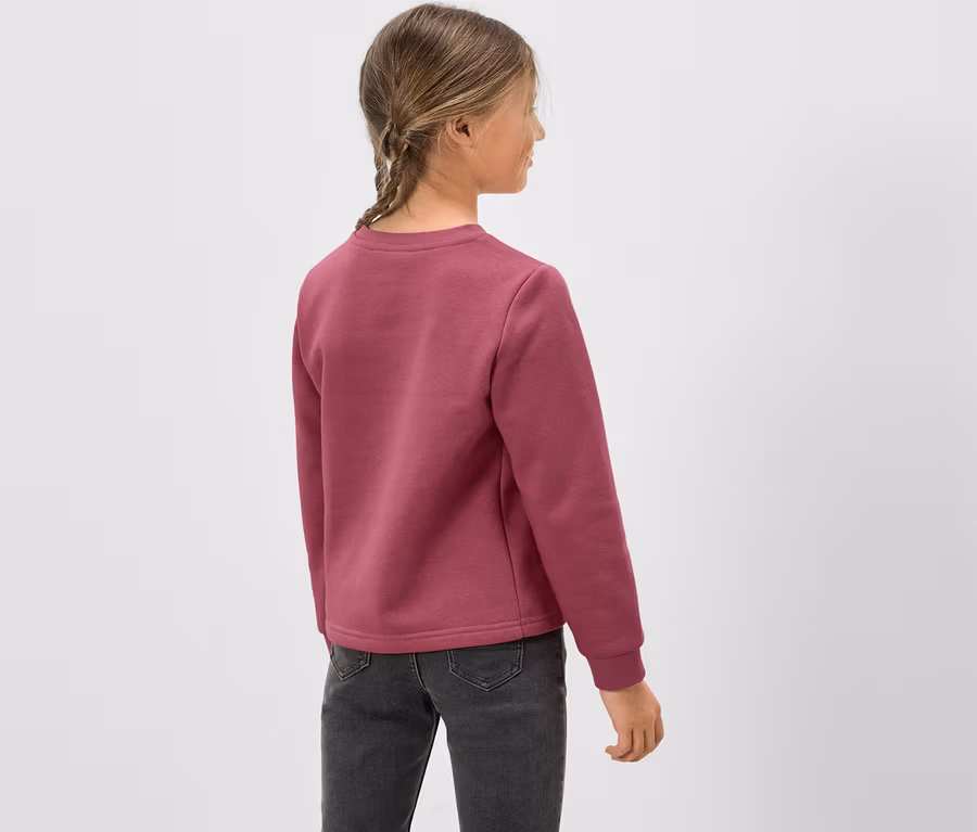 Mädchen von hinten, trägt ein rosa Sweatshirt und graue Jeans.