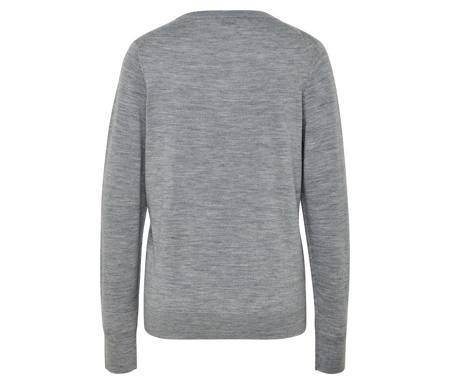 Rückansicht eines grauen Wollpullovers mit langen Ärmeln.