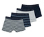 Vier Herren Boxershorts liegen übereinander. Eine ist dunkelblau, eine grau und zwei gestreift.