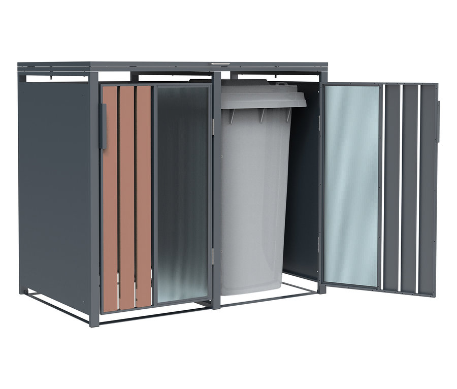 Offener Metall-Mülltonnencontainer mit farbigen Holzlamellen und grauem Mülleimer darin.