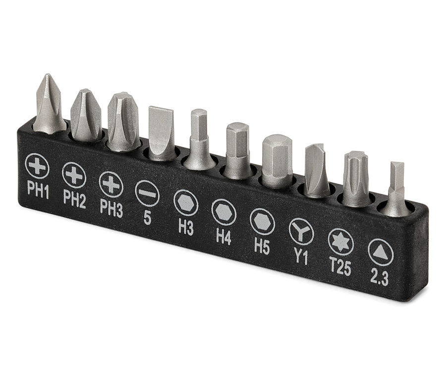 Ein Bit-Set für Mini-Akkuschrauber 3,6 V in einer schwarzen Halterung.