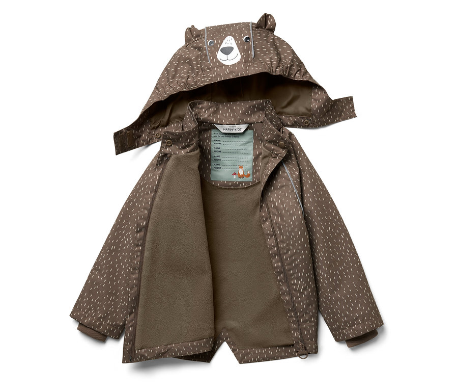 Eine offene, braune Jacke mit Kapuze, Muster und Bärenohren.