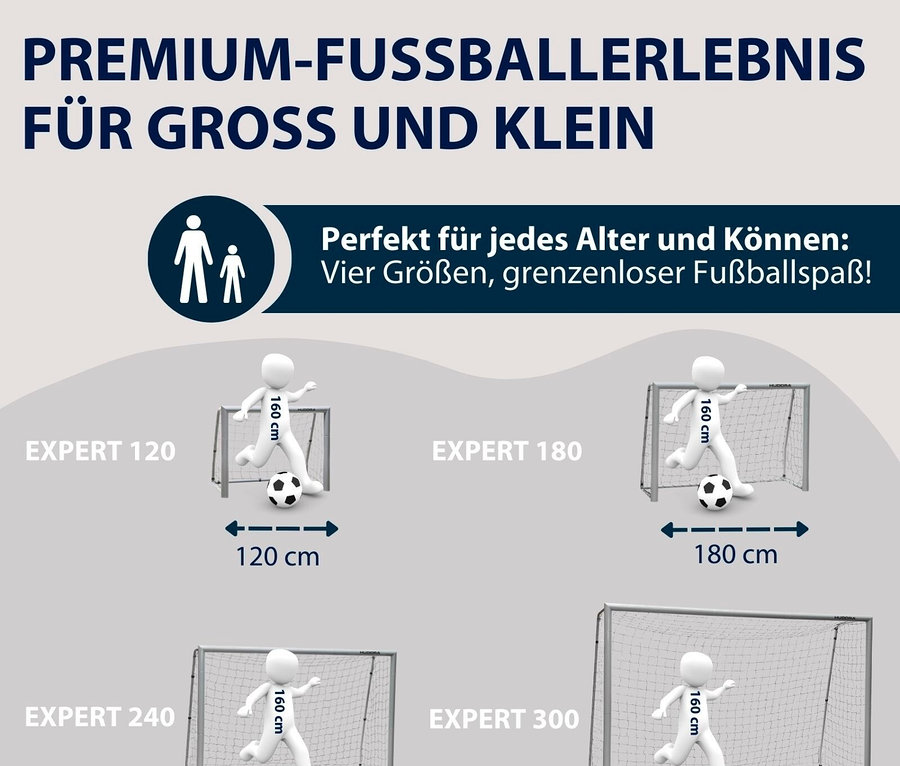 Vier unterschiedlich große Fußballtore mit Figuren, die einen Ball treten, darunter ein HUDORA Fußballtor »Expert 240«.