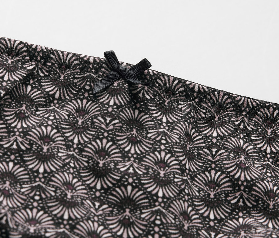 Detailansicht von 5 Slips mit schwarz-weißem Blumenmuster und schwarzer Schleife.