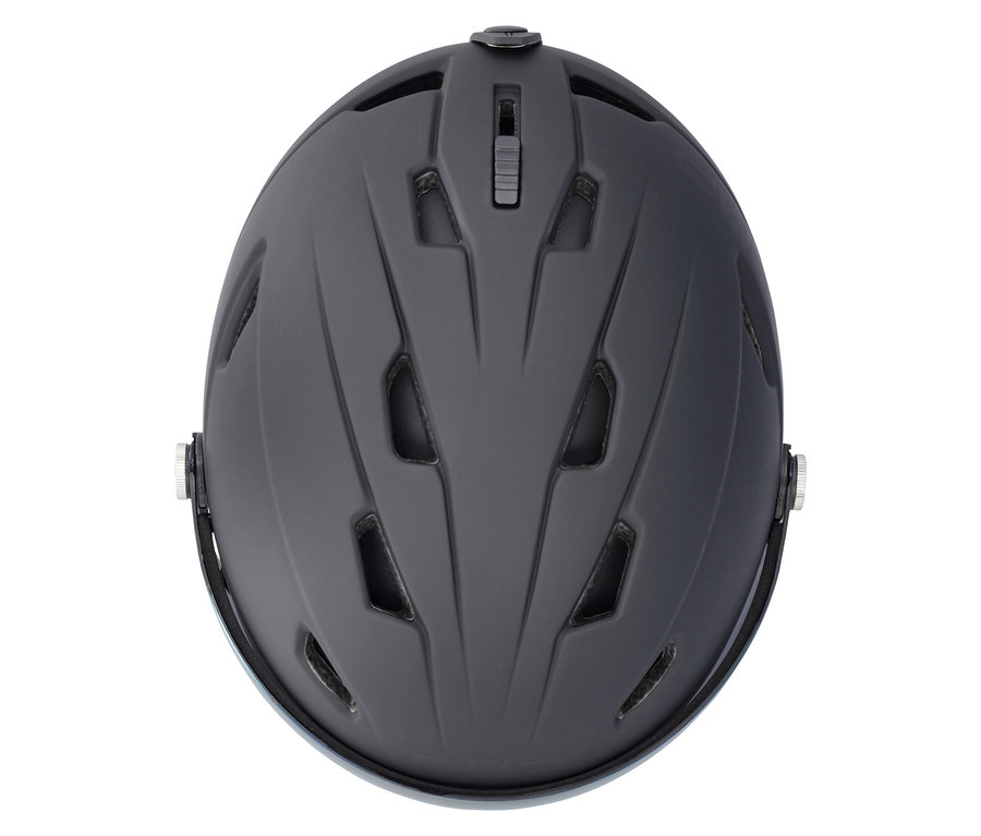 Draufsicht auf einen mattschwarzen Helm mit Belüftungsöffnungen und Visier.