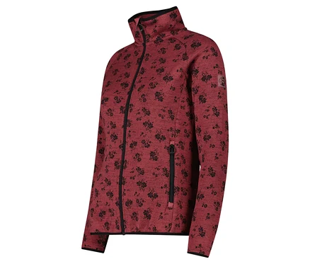 Weinrote Fleecejacke mit Reißverschluss und schwarzem Blumenmuster.