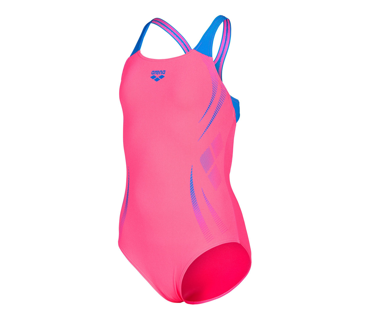 Pinker arena Performance Kinder-Badeanzug Poseidonia Swim Pro Back mit blauen Trägern und Logo.