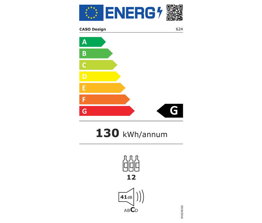 Energielabel mit den Klassen A bis G, 130 kWh/annum Verbrauch, 41 dB Lärm und 12 Flaschen Fassungsvermögen.