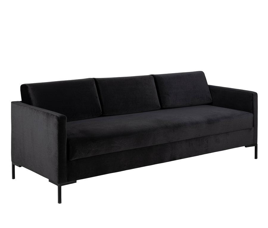Schwarzes Samt-Schlafsofa mit drei Sitzen, Armlehnen und schwarzen Metallbeinen.