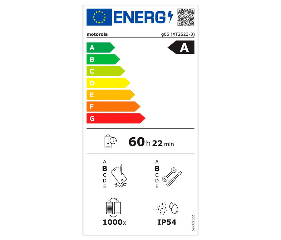 Energielabel mit den Klassen A bis G, wobei das Motorola moto g05 LTE mit A bewertet ist.