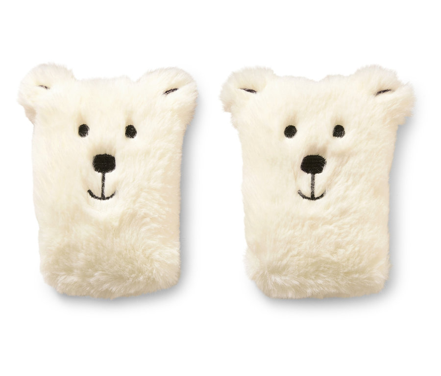Zwei weiße, flauschige Handwärmer in Form von Eisbärenköpfen. 2 Taschen-Heizkissen
