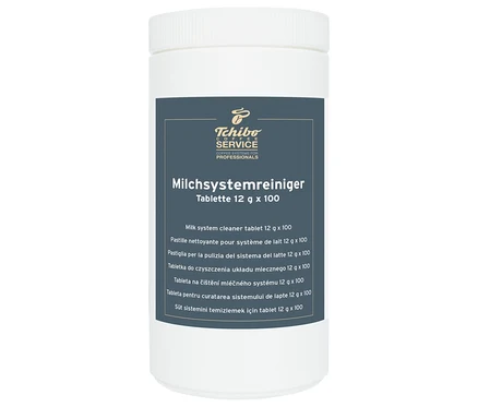 Weiße Dose mit dem Etikett des Produkts Milchsystemreiniger Tablette 12g x100.