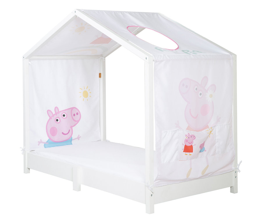 Weißes Kinderbett im Hausstil mit Peppa Wutz Motiven auf den weißen Stoffseiten.