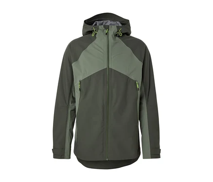 Grüne 3-Lagen-Outdoorjacke mit Reißverschluss und Kapuze.