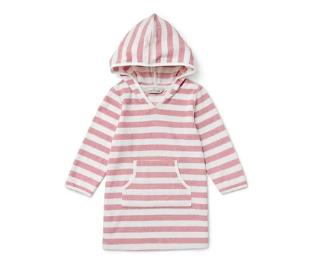 Kinder-Frottierponcho mit Kapuze, rosa-weiß gestreift.