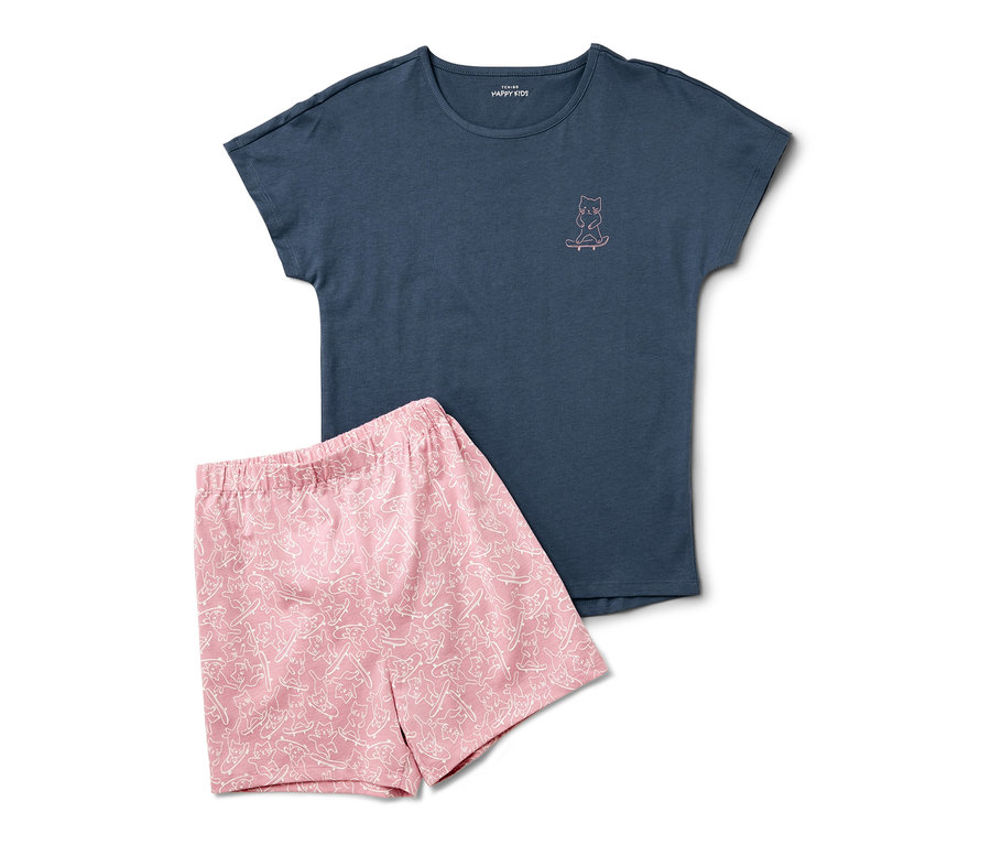 Blauer Kinder-Shorty-Pyjama mit Kurzarm-Oberteil und Shorts mit Katzenmuster.
