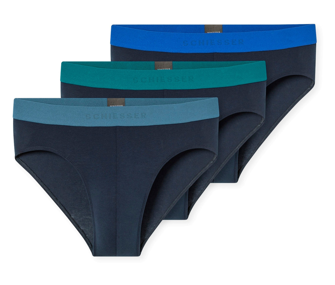 Drei SCHIESSER Slips in Dunkelblau mit unterschiedlich farbigen Bündchen: Hellblau, Türkis und Petrol.