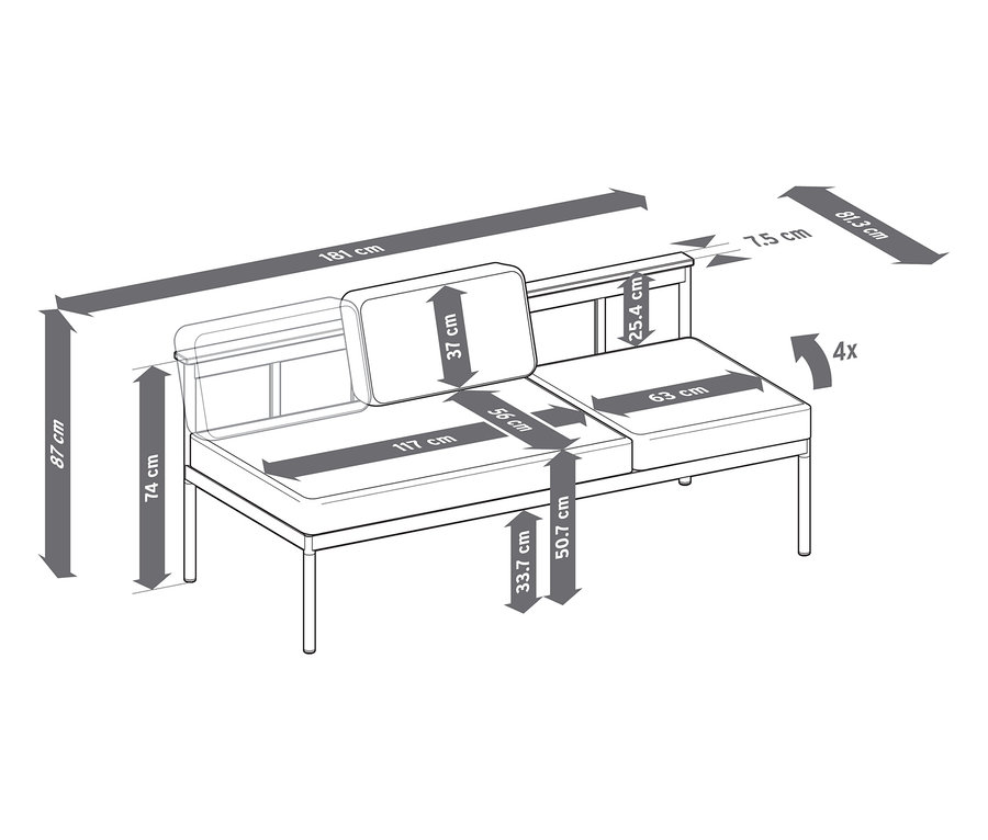 Abmessungen der 2-in-1-Gartenbank ‒ Sonnenliege »Elin« mit Details zu Höhe, Breite und Tiefe.