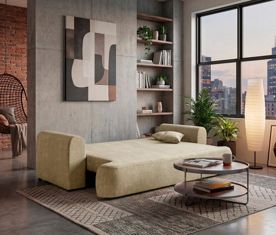 Beige Schlafcouch mit Kissen vor Bücherregal und Fenster mit Stadtblick.