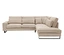 Beiges Ecksofa mit schwarzen Füßen und mehreren Kissen.
