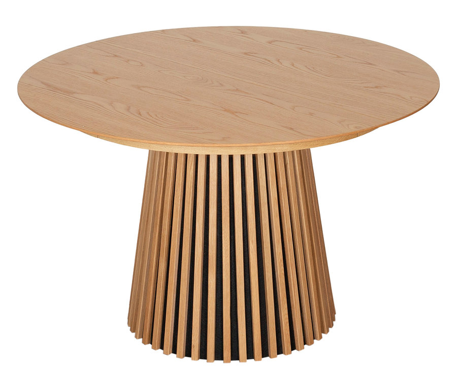 Der DeVries Esstisch »Oria Oak« in Naturfarben ist ein runder Holztisch mit einem Lamellenfuß.