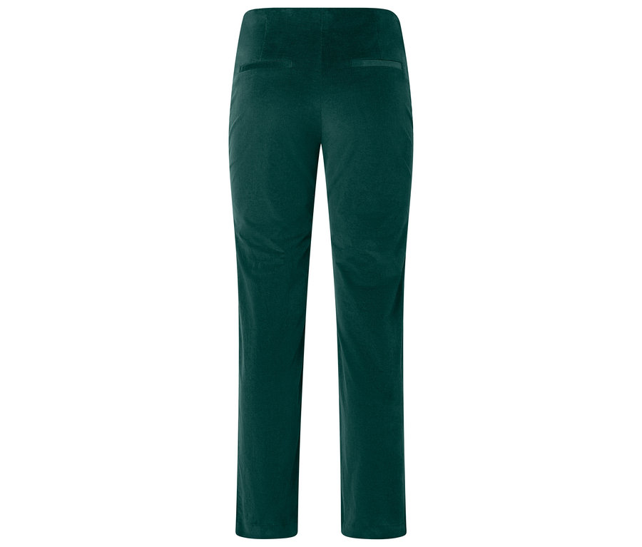 Dunkelgrüne, lange Hose mit geradem Bein und hohem Bund von hinten.