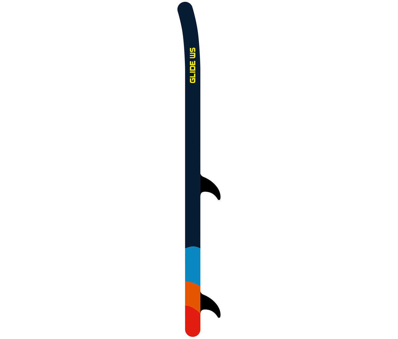 F2 SUP Board »Glide Wing« in Blau mit gelber Aufschrift und farbigen Akzenten. Zwei Finnen sind sichtbar.