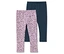 Zwei Leggings, eine dunkelblaue und eine hellrosa mit Leopardenmuster, liegen übereinander.