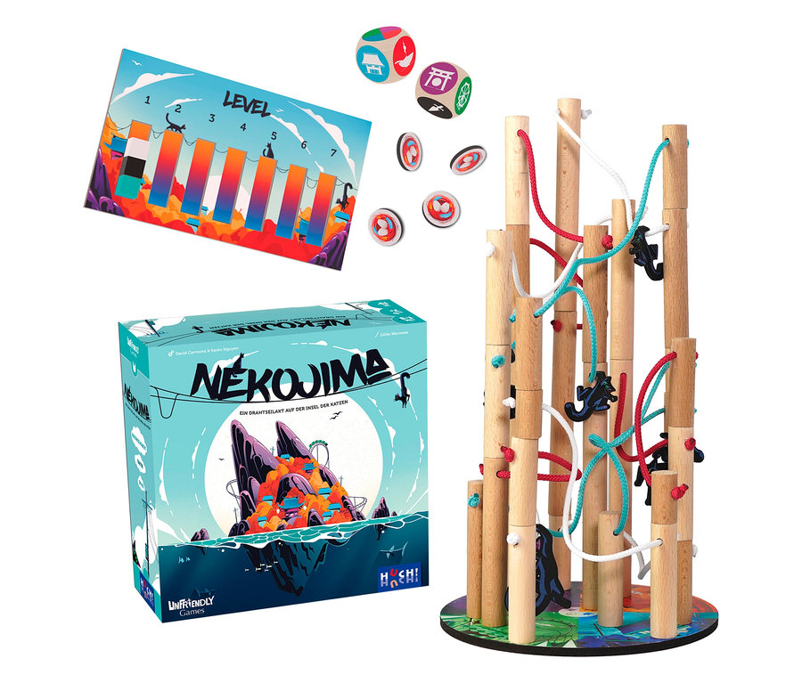 Das Spiel »Nekojima« ist dargestellt, zusammen mit Würfeln, Spielsteinen, einer Anzeigetafel und einem Holzturm mit Seilen und Katzenfiguren.