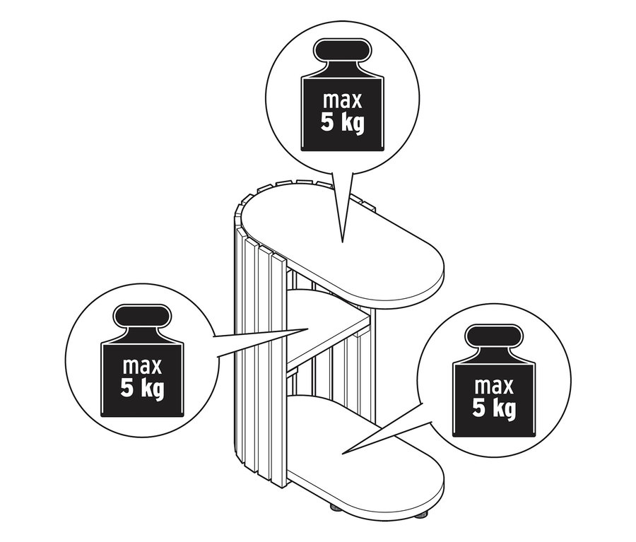 Illustration eines C-Tisches »HOLT« aus Bambus mit Lamellenelementen, wobei auf jeder Ebene das maximale Gewicht von 5 kg angegeben ist.